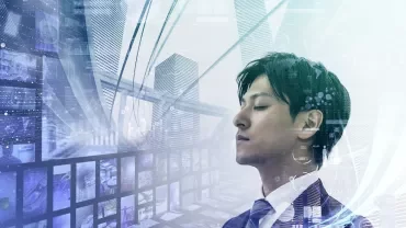 閉じた目のスーツの男性とデジタルシティスケープ背景。