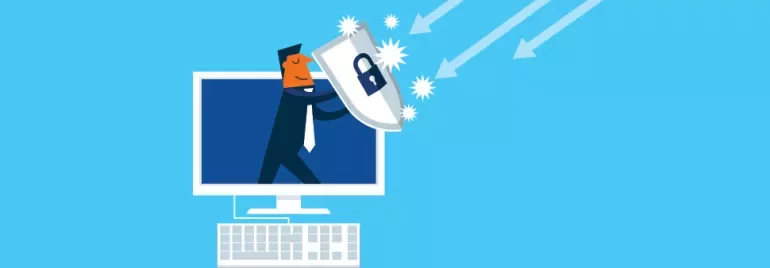 コンピューターを矢から盾で守る男性のイラスト。