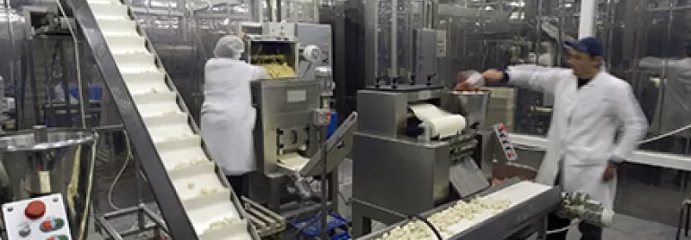 食品加工工場で機械を操作する作業員。