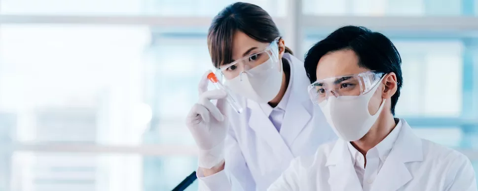 実験室で試験管を確認する白衣姿の二人の科学者。