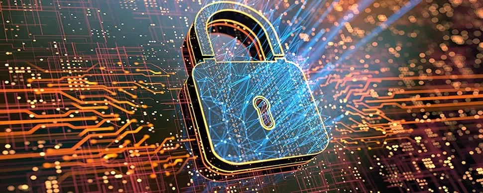サイバーセキュリティを象徴する回路基板上のデジタル錠前。