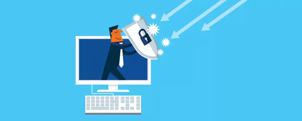 コンピューターを矢から盾で守る男性のイラスト。
