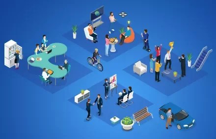 人々が様々な活動や会議に参加しているアイソメトリックのイラスト。