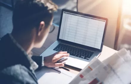 Person using a laptop with data displayed on the screen.